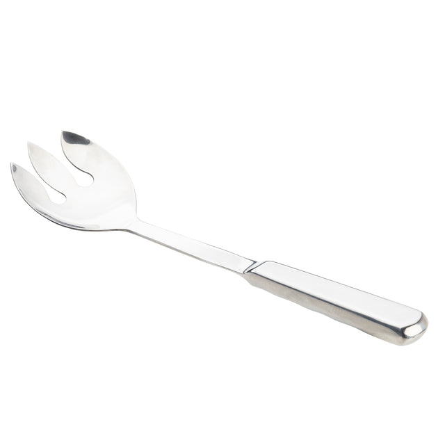 A TableCraft Holden Collection stainless steel notched spoon features a long, flat handle and a wide, shallow, slotted head with two prongs—perfect for serving salad. The background is plain white.