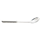 A notched spoon from the TableCraft Holden Collection, this stainless steel spork features a long handle with subtle grooves for grip and a wide, flat head with three prongs—perfect for serving salads or pasta. Photographed on a white background.