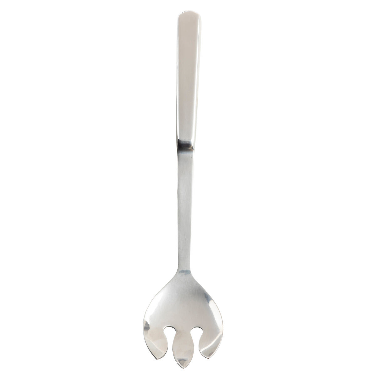 A TableCraft Holden Collection pasta server with a long handle and a rounded, notched spoon-like end featuring three wide prongs—middle one longer—and a drainage hole near the base. Clean and photographed against a white background.