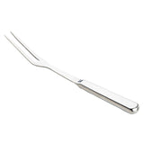 A stainless steel two-tine fork with long, sharp prongs and a straight, flat handle from the Holden Collection. Angled to the left, its reflective metallic surface stands out against a plain white background, highlighting the utensil.