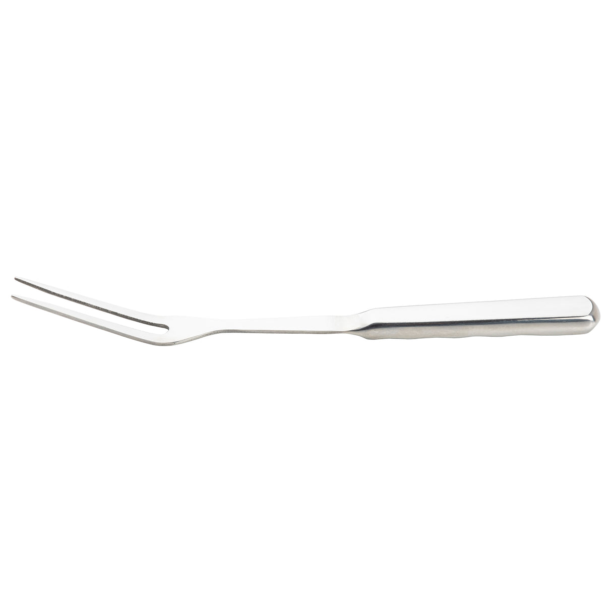 A stainless steel two-tine fork from the Holden Collection, featuring long, pointed tines and a rectangular handle. Positioned horizontally against a white background, it showcases a reflective metallic surface and sturdy design.