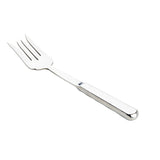 A shiny stainless steel fork from the Holden Collection features three wide, pointed tines and a flat, reflective handle. It’s positioned diagonally on a plain white background, with the handle in the lower right and the tines in the upper left.