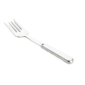 A shiny stainless steel fork from the Holden Collection features three wide, pointed tines and a flat, reflective handle. It’s positioned diagonally on a plain white background, with the handle in the lower right and the tines in the upper left.