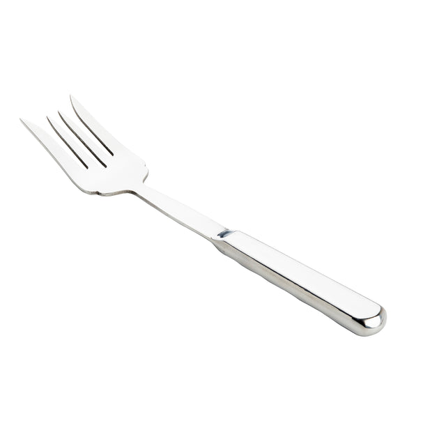 A shiny stainless steel fork from the Holden Collection features three wide, pointed tines and a flat, reflective handle. It’s positioned diagonally on a plain white background, with the handle in the lower right and the tines in the upper left.