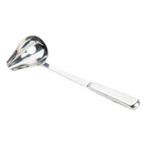 A shiny Holden Collection Ladle, crafted from stainless steel, features a long handle and wide, deep spouted bowl for easy pouring. This 1 oz ladle has a squared end with a hanging hole and is photographed on a white background.