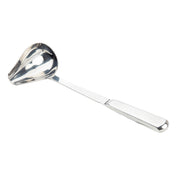 A shiny Holden Collection Ladle, crafted from stainless steel, features a long handle and wide, deep spouted bowl for easy pouring. This 1 oz ladle has a squared end with a hanging hole and is photographed on a white background.