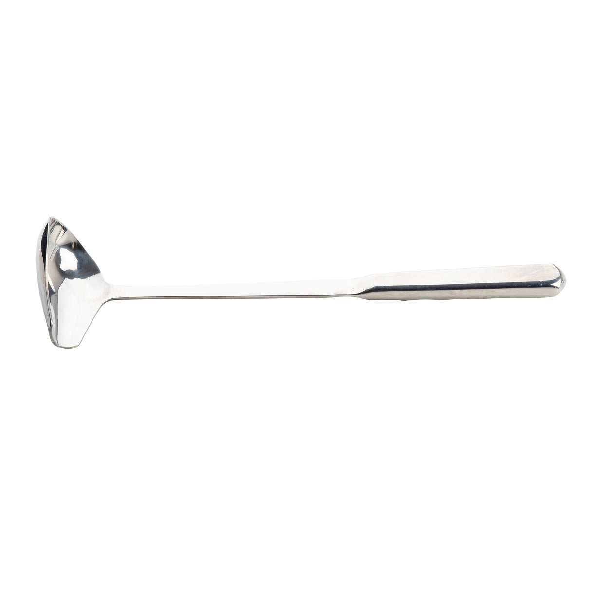 A Holden Collection Ladle, crafted from stainless steel with a deep, round 1 oz bowl and a long, straight handle, is displayed horizontally against a plain white background, showcasing its shiny, reflective metal surface.