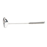 A Holden Collection Ladle, crafted from stainless steel with a deep, round 1 oz bowl and a long, straight handle, is displayed horizontally against a plain white background, showcasing its shiny, reflective metal surface.