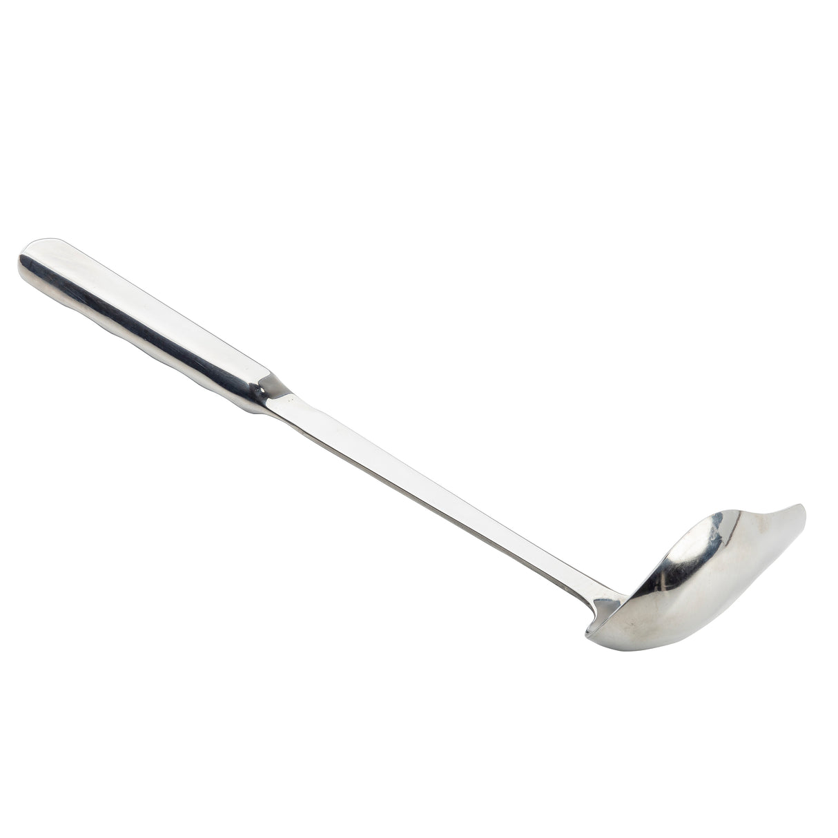 The Holden Collection Ladle is a stainless steel ladle with a long, straight handle and a deep, rounded bowl for serving liquids. Angled and shiny, this 1 oz ladle reflects light beautifully against a plain white background.