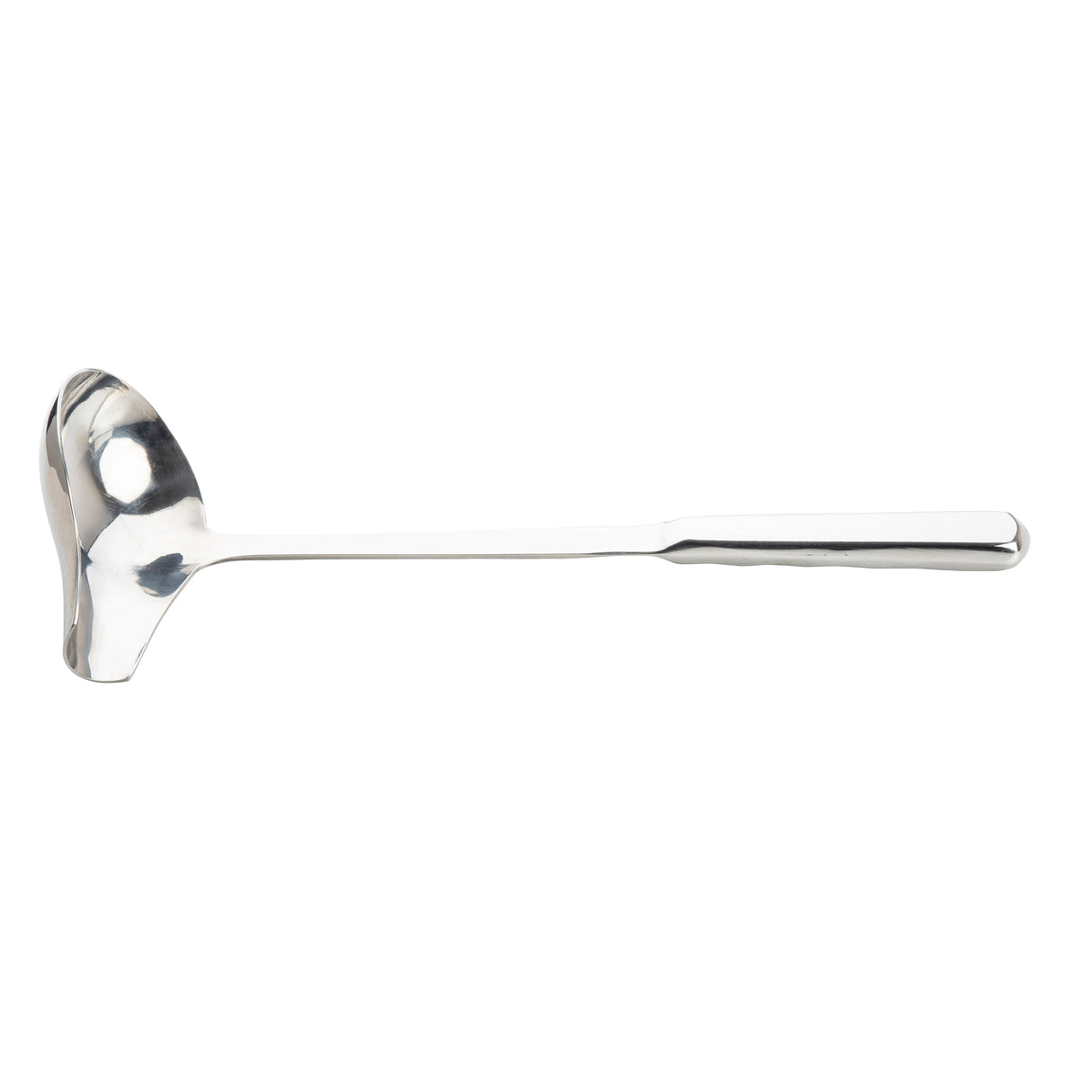 A shiny Holden Collection ladle with a deep, rounded bowl and a long, straight handle, shown on a white background. The stainless steel ladle features a flattened, rectangular handle for easy grip and measures 2 oz in capacity.