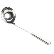 A shiny TableCraft stainless steel soup ladle with a deep, round bowl and long, straight handle is shown on a white background, angled diagonally with the handle pointing to the lower right and the bowl facing upward.