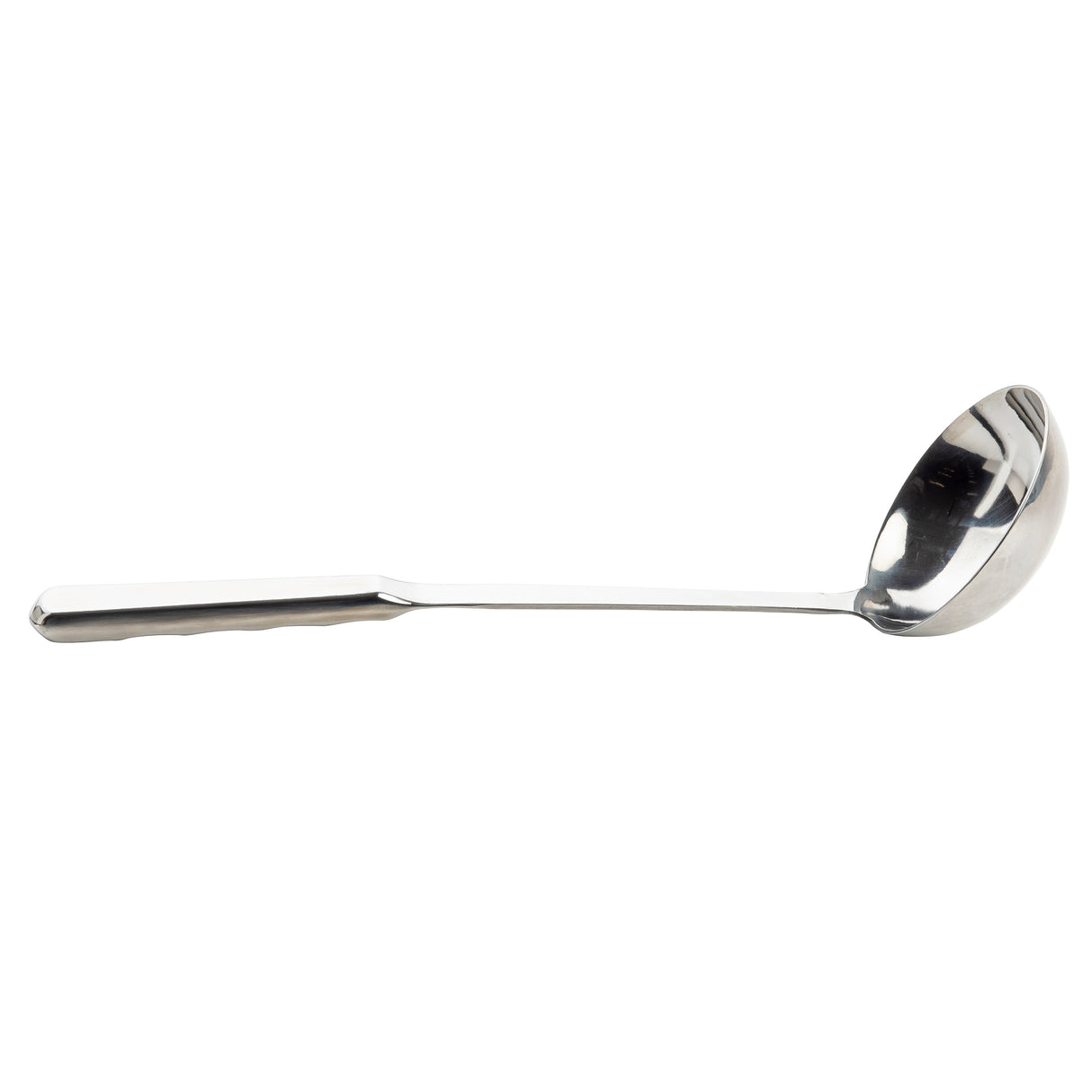 A TableCraft soup ladle made of stainless steel with a long handle and deep, rounded bowl is shown against a plain white background, positioned horizontally with the handle to the left and the bowl to the right.
