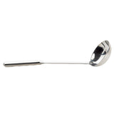 A TableCraft soup ladle made of stainless steel with a long handle and deep, rounded bowl is shown against a plain white background, positioned horizontally with the handle to the left and the bowl to the right.