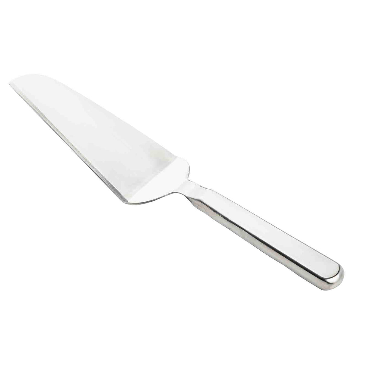 The Holden Collection Cake Server is a stainless steel pie server with a flat, triangular, slightly curved blade and a straight handle, perfect for lifting and serving slices of pie or cake. The utensil is shown on a plain white background.