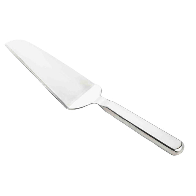 The Holden Collection Cake Server is a stainless steel pie server with a flat, triangular, slightly curved blade and a straight handle, perfect for lifting and serving slices of pie or cake. The utensil is shown on a plain white background.