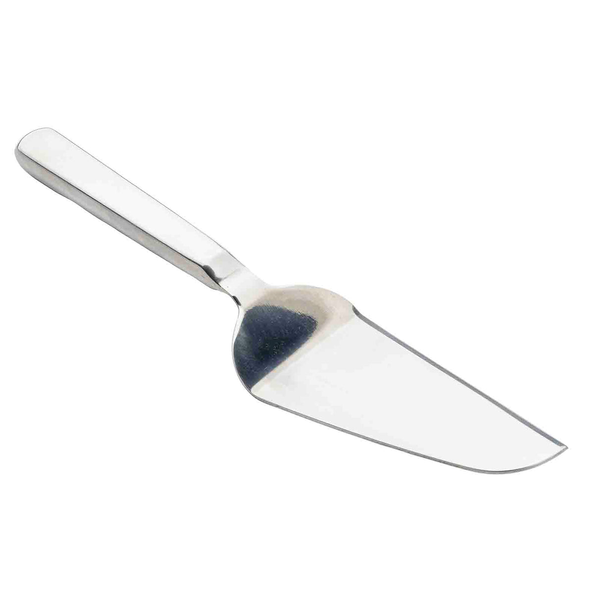 A TableCraft 11634 stainless steel cake server with a flat, triangular, slightly curved blade and solid handle is positioned diagonally on a white background. The reflective utensil is ideal for serving slices of pie or cake.