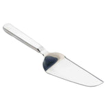 A TableCraft 11634 stainless steel cake server with a flat, triangular, slightly curved blade and solid handle is positioned diagonally on a white background. The reflective utensil is ideal for serving slices of pie or cake.
