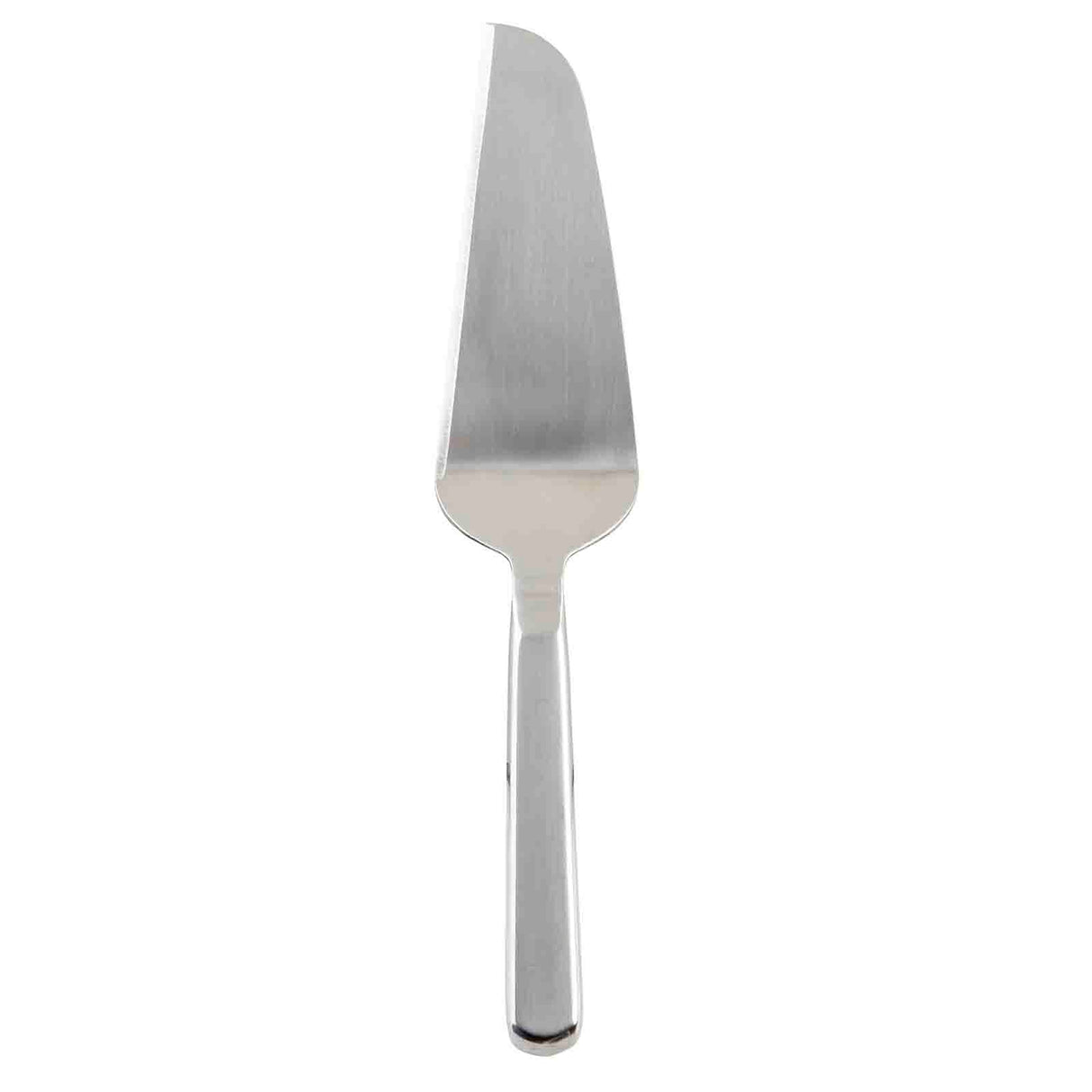 The TableCraft 11634 Holden Collection Cake Server features a flat, triangular stainless steel blade and a solid handle, positioned vertically against a white background. The blade has one straight edge and one slightly curved edge.