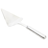 Part of the Holden Collection, this stainless steel pie server features a flat, triangular blade with a serrated edge for easy cutting and serving, plus a smooth, reflective surface and a straight, slightly raised handle.