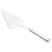 Part of the Holden Collection, this stainless steel pie server features a flat, triangular blade with a serrated edge for easy cutting and serving, plus a smooth, reflective surface and a straight, slightly raised handle.