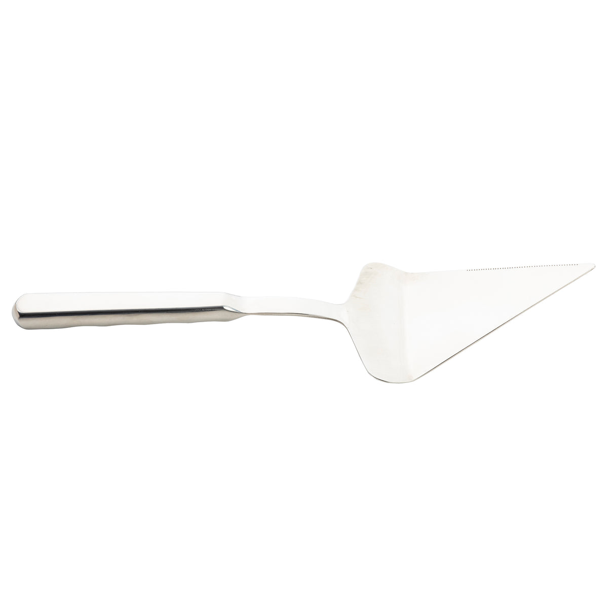 A stainless steel pie server from the Holden Collection, featuring a flat, triangular blade with a slight curve and serrated edge—perfect for cutting and serving pie or cake. The shiny, reflective surface adds elegance to your table setting.