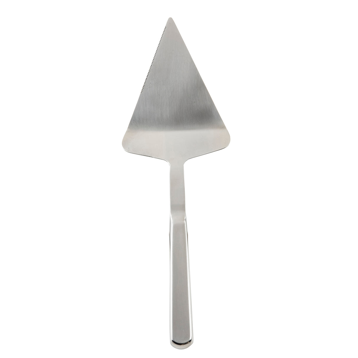 The Holden Collection stainless steel pie server features a pointed, triangular blade and flat handle. With smooth edges, it's perfect for slicing and serving pie or cake. The utensil is photographed on a plain white background.
