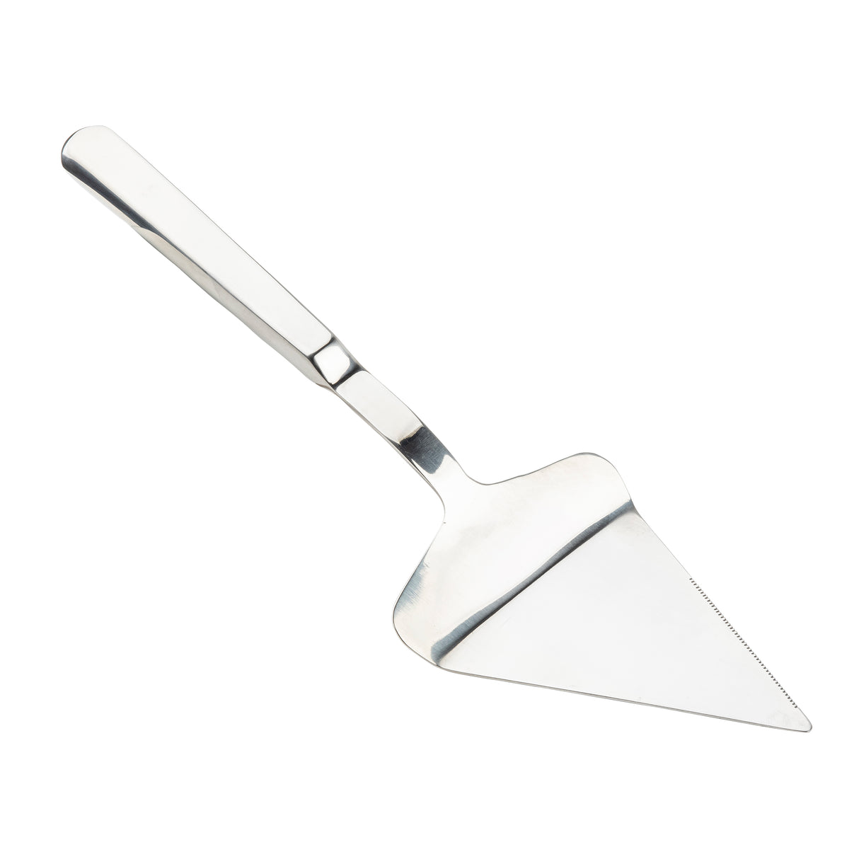 A stainless steel pie server from the Holden Collection featuring a flat, triangular blade with a slightly raised edge and smooth surface, perfect for lifting and serving slices of pie or cake.