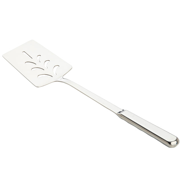 A Holden Collection Slotted Turner by TableCraft Products, this stainless steel turner features a flat, rectangular slotted blade with decorative cut-out patterns and a long handle. The angled spatula displays its reflective metallic surface against a white background.