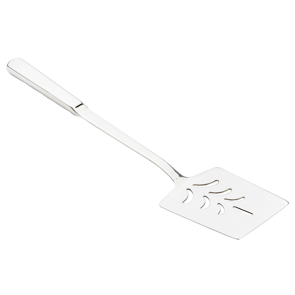 A silver metal spatula, the Holden Collection Slotted Turner by TableCraft Products, features a flat, square head with decorative cut-outs and a long handle. This stainless steel turner is clean and photographed against a plain white background.