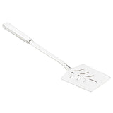 A silver metal spatula, the Holden Collection Slotted Turner by TableCraft Products, features a flat, square head with decorative cut-outs and a long handle. This stainless steel turner is clean and photographed against a plain white background.