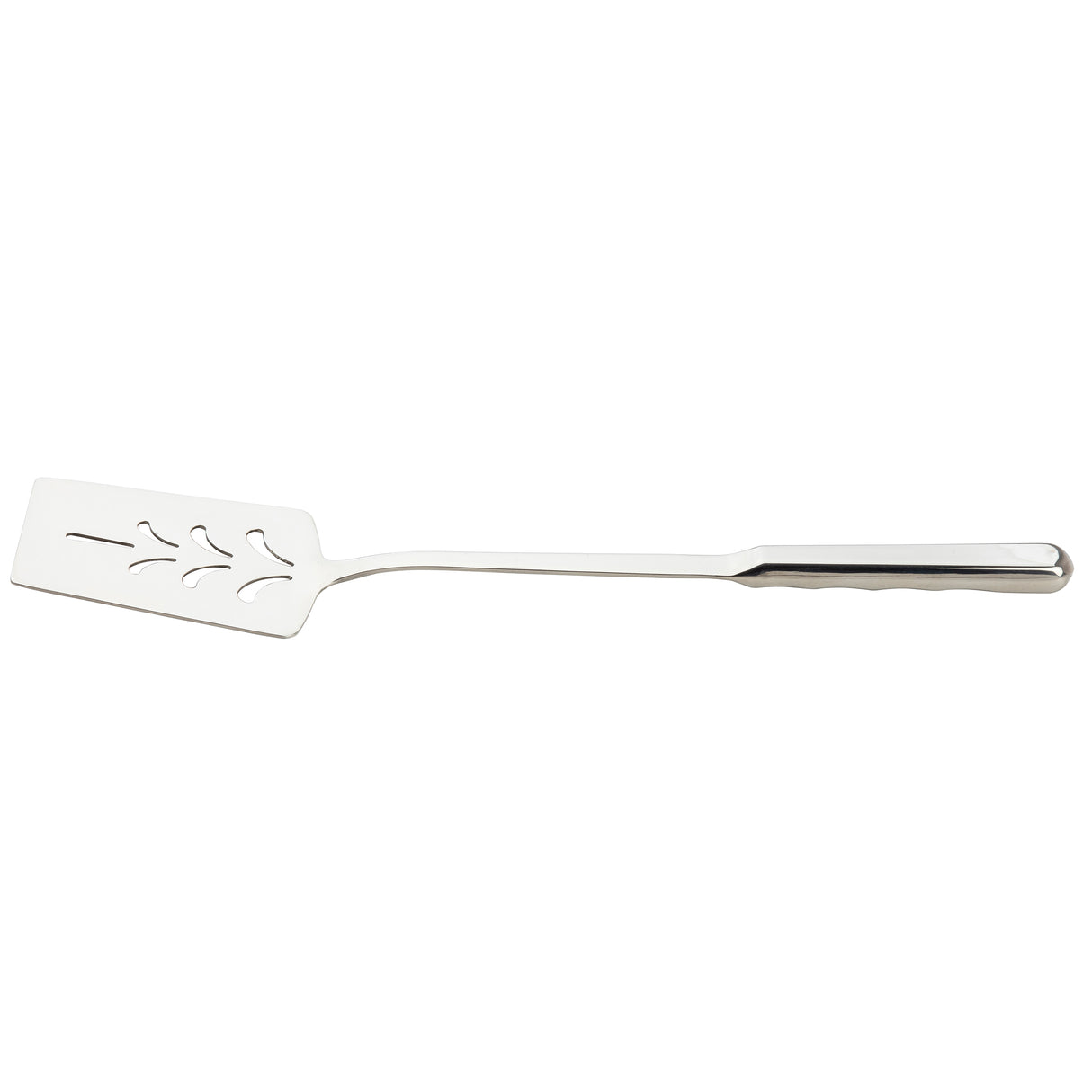 A long, silver stainless steel turner from the Holden Collection Slotted Turner line by TableCraft Products, featuring a flat, rectangular head with decorative cut-out patterns and a sleek, grooved handle for grip.