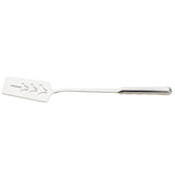 A long, silver stainless steel turner from the Holden Collection Slotted Turner line by TableCraft Products, featuring a flat, rectangular head with decorative cut-out patterns and a sleek, grooved handle for grip.