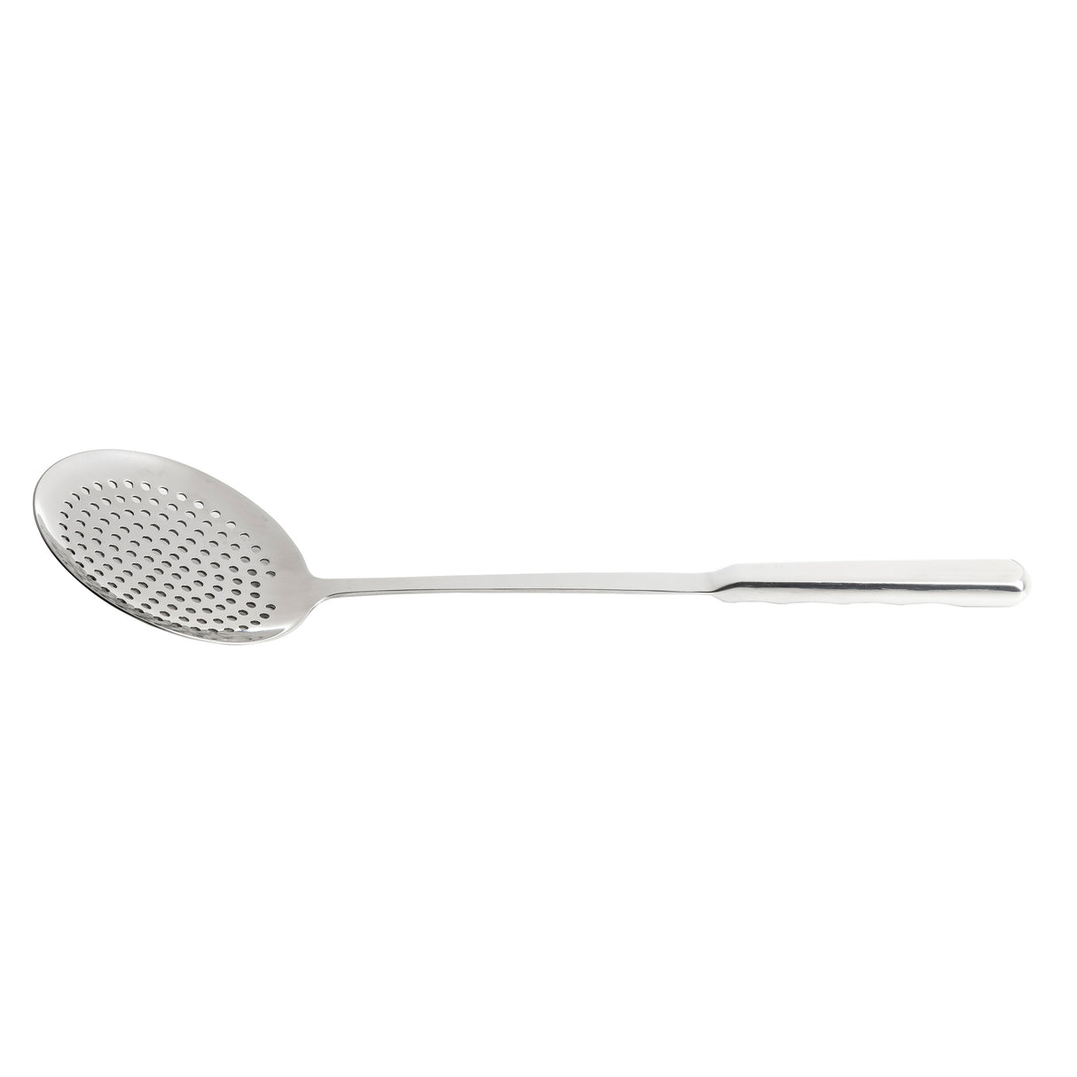 A stainless steel skimmer with a long handle and a wide, shallow, oval-shaped bowl featuring multiple small round holes for draining liquids. The ergonomic handle offers a secure grip. This Holden Collection Skimmer is set on a plain white background.