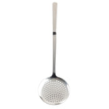 A stainless steel skimmer spoon from the Holden Collection Skimmer line features a long handle and a round, flat, perforated head for straining or lifting food from hot liquids. Its shiny surface gleams on a plain white background.