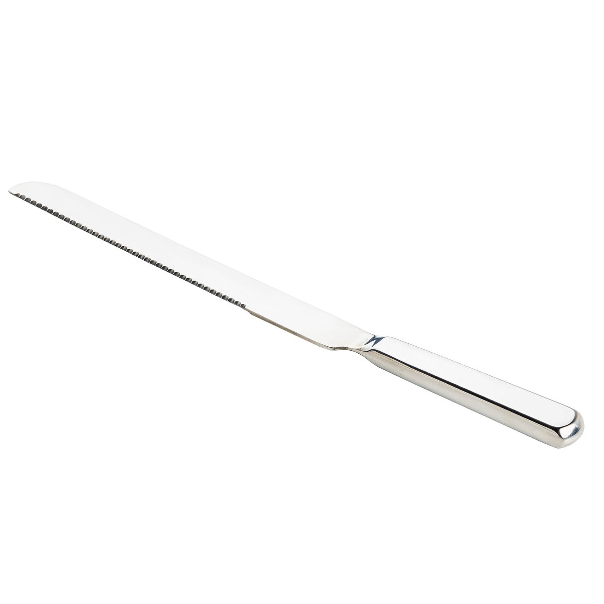 The TableCraft Products Holden Collection Bread Knife features a long, narrow, serrated blade and a smooth rectangular handle, crafted from stainless steel and positioned diagonally on a white background.