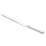 The TableCraft Products Holden Collection Bread Knife features a long, narrow, serrated blade and a smooth rectangular handle, crafted from stainless steel and positioned diagonally on a white background.