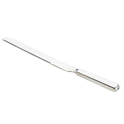 The TableCraft Products Holden Collection Bread Knife features a long, narrow, serrated blade and a smooth rectangular handle, crafted from stainless steel and positioned diagonally on a white background.