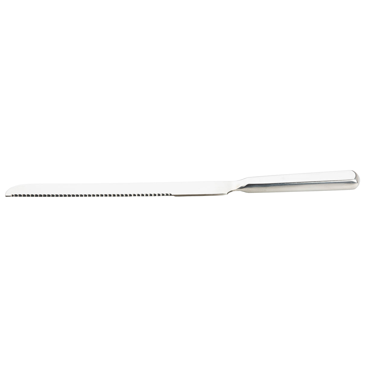 A stainless steel bread knife from the TableCraft Products Holden Collection features a straight, serrated blade and a smooth handle. Positioned horizontally on a white background, it showcases the full length and fine serrations of the blade edge.