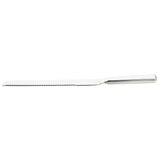 A stainless steel bread knife from the TableCraft Products Holden Collection features a straight, serrated blade and a smooth handle. Positioned horizontally on a white background, it showcases the full length and fine serrations of the blade edge.
