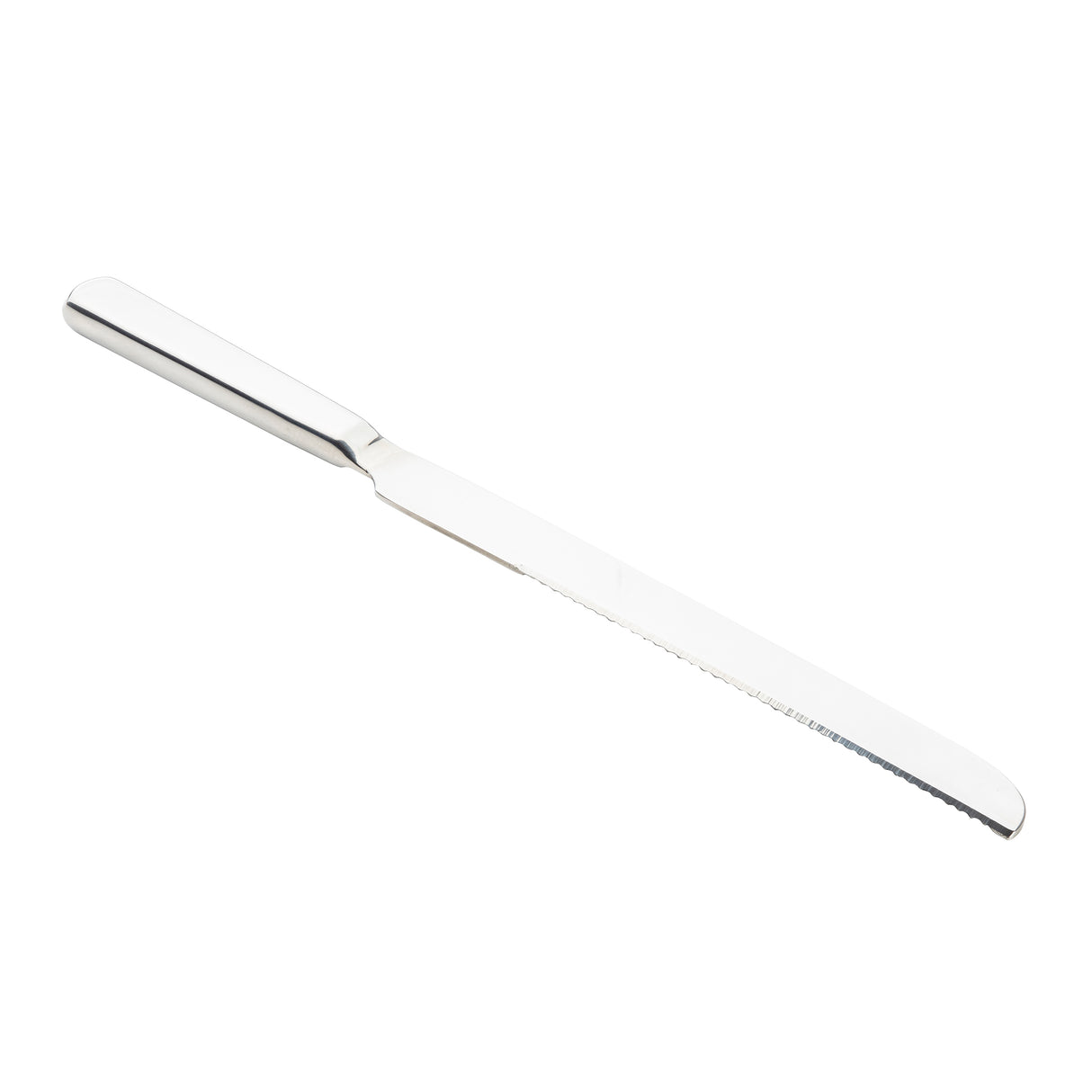 The Holden Collection Bread Knife by TableCraft Products features a stainless steel, serrated blade and a straight, flat handle. Shown against a white background, the knife is angled to highlight its sharp edge for perfect bread slicing.