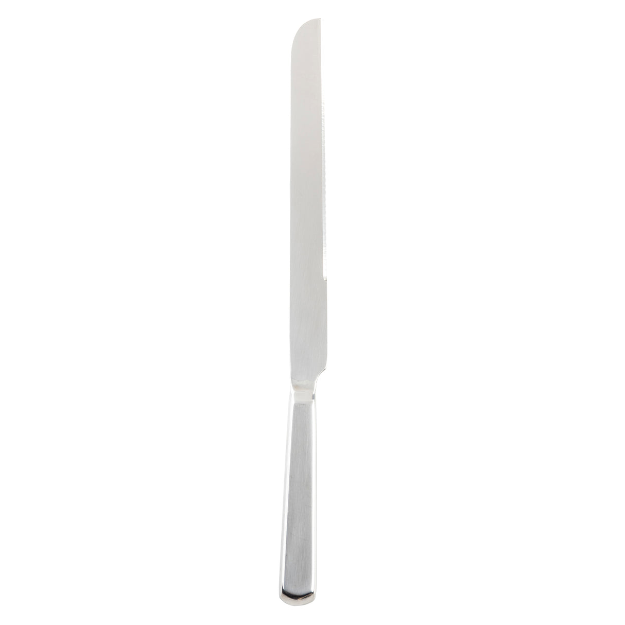 The Holden Collection Bread Knife by TableCraft Products features a long, narrow stainless steel blade with partial serration and a flat, angled handle, shown upright against a white background—perfect for effortless bread slicing.
