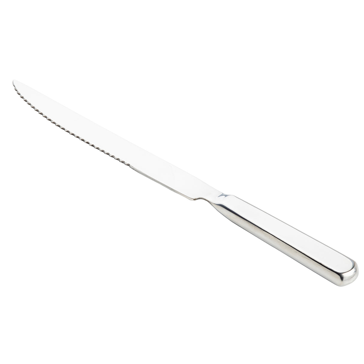 A TableCraft Products Holden Collection Steak Knife, crafted from stainless steel, features a serrated blade and reflective handle. Displayed on a white background, it has a straight edge on one side and a gently curved, pointed tip on the other.