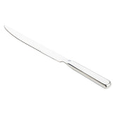 A TableCraft Products Holden Collection Steak Knife, crafted from stainless steel, features a serrated blade and reflective handle. Displayed on a white background, it has a straight edge on one side and a gently curved, pointed tip on the other.