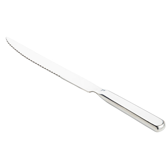 A TableCraft Products Holden Collection Steak Knife, crafted from stainless steel, features a serrated blade and reflective handle. Displayed on a white background, it has a straight edge on one side and a gently curved, pointed tip on the other.