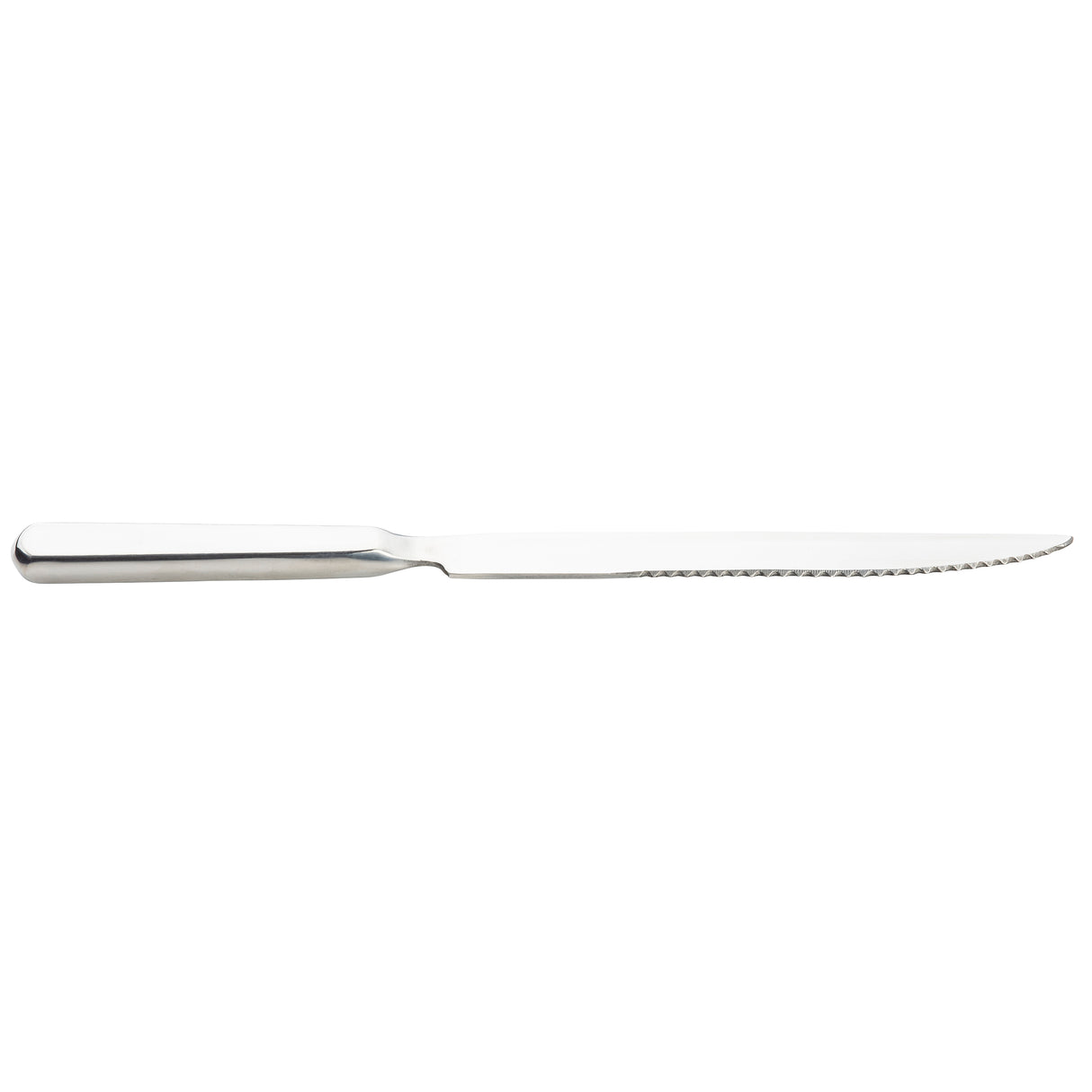 A stainless steel steak knife from the Holden Collection Steak Knife line, featuring a straight, flat handle and a slim, serrated blade with fine teeth—perfect for steaks or bread. The knife is displayed on a plain white background.