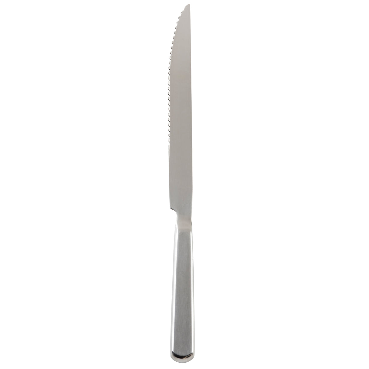 A stainless steel steak knife from the TableCraft Products Holden Collection, featuring a shiny, reflective handle. Its straight blade has a gently curved edge with visible serrations on the upper part and is shown vertically on a white background.