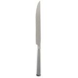 A stainless steel steak knife from the TableCraft Products Holden Collection, featuring a shiny, reflective handle. Its straight blade has a gently curved edge with visible serrations on the upper part and is shown vertically on a white background.