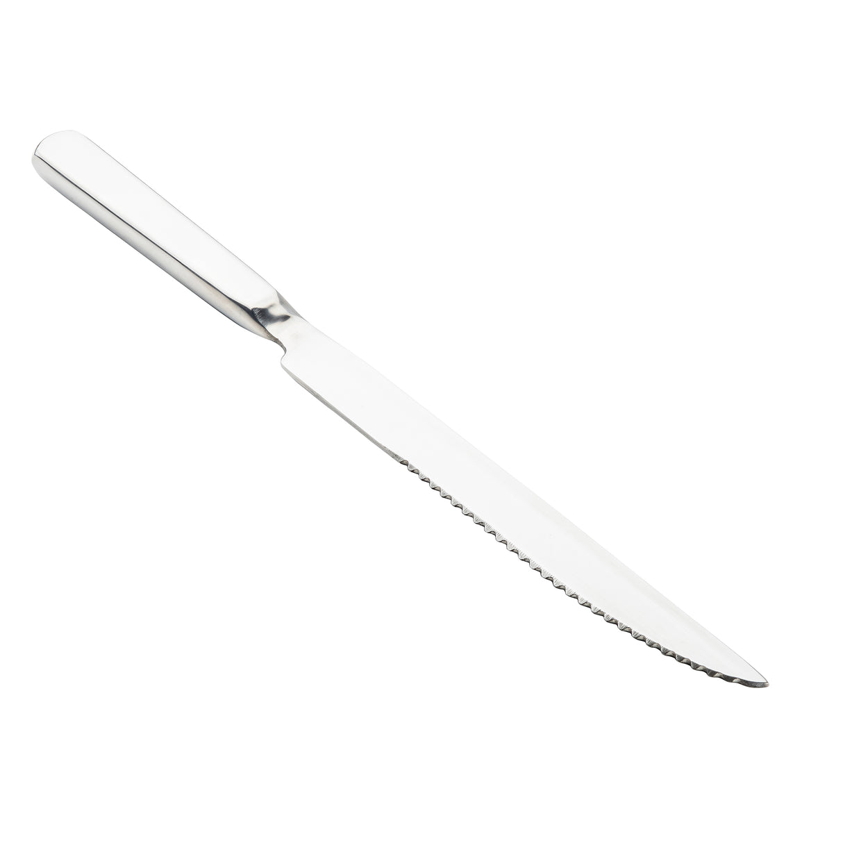 A TableCraft Products stainless steel bread knife with a straight handle and a long, serrated blade is positioned diagonally on a white background. The shiny blade, similar to the Holden Collection Steak Knife, has clearly visible serrations along one edge.