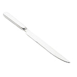 A TableCraft Products stainless steel bread knife with a straight handle and a long, serrated blade is positioned diagonally on a white background. The shiny blade, similar to the Holden Collection Steak Knife, has clearly visible serrations along one edge.