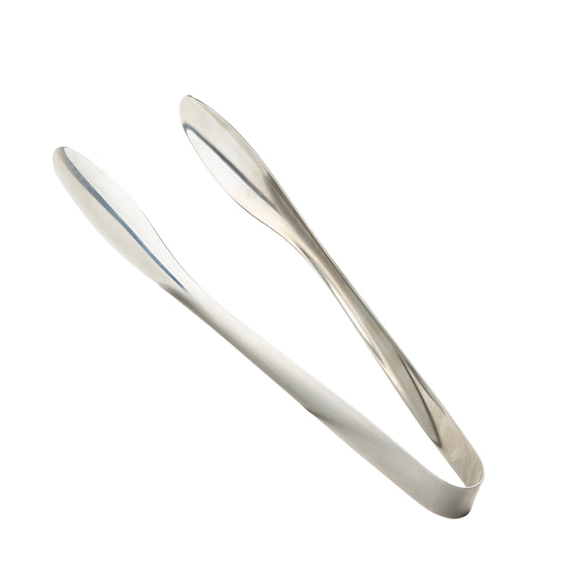 A pair of sleek Holden Collection Tongs by TableCraft Products, featuring a simple, modern design. These stainless steel tongs have oval-shaped gripping ends and a smooth, curved handle, crafted from a single piece of shiny metal.